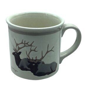 Vtg W. Morgan Artist Signed Stoneware Mug Elk Design 8 Oz Beige/Brown 3.75"